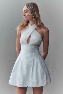 Anthro BHLDN Halter Pearl Embellished Mini Dress Size M with Pearl Bow Clip